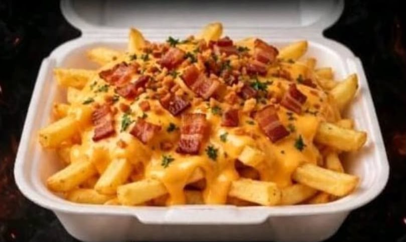 Batata frita coberta com cheddar cremoso e cubos de bacon