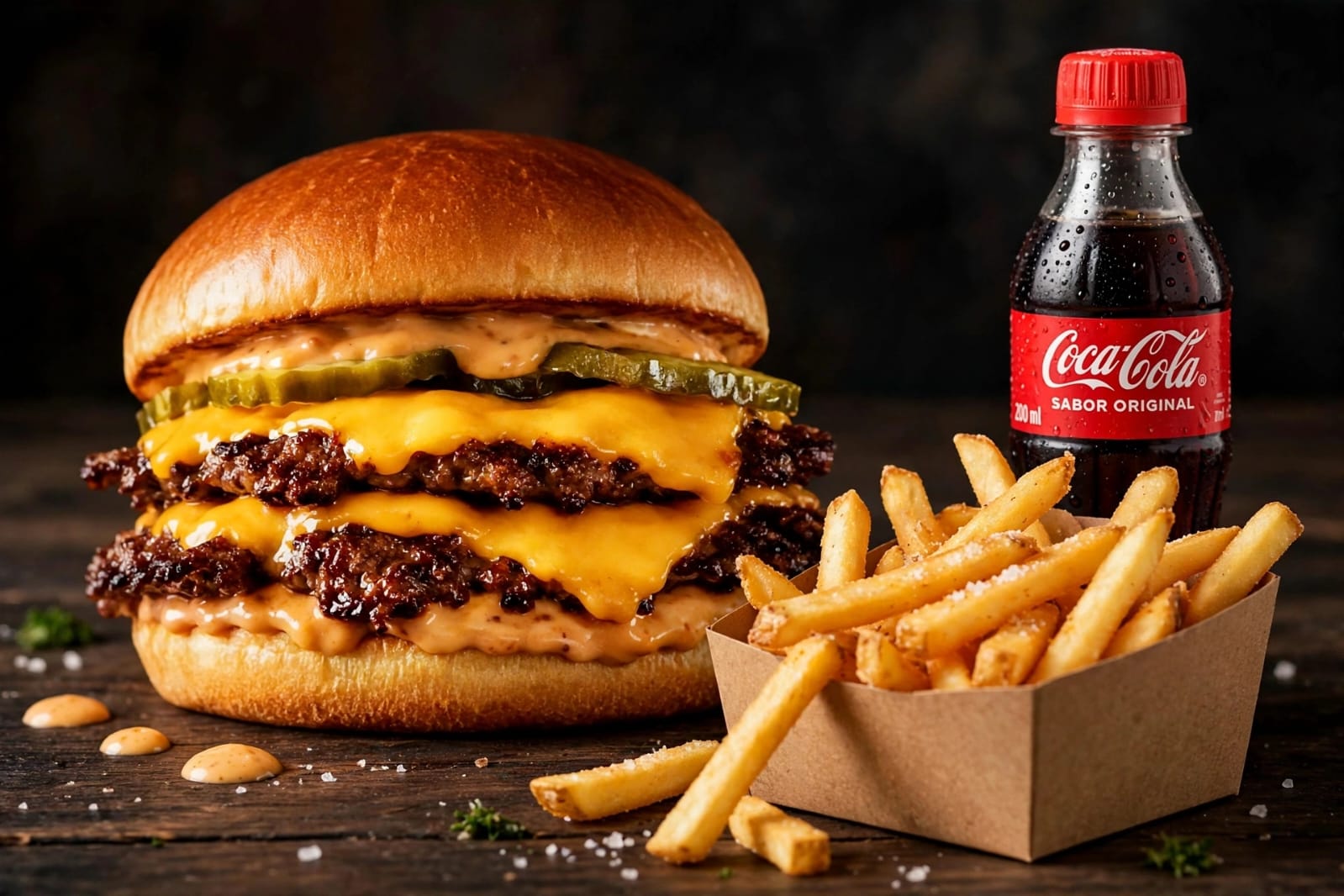 Combo Spark Cheddar Duplo: hambúrguer com dois discos de carne e cheddar, porção de batata frita e refrigerante
