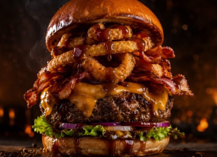 Spark Bacon Supremo: disco de carne com cheddar, bacon, molho barbecue, salada e onion rings no pão brioche