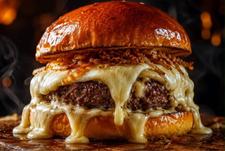 Spark Catupiry: disco de carne com requeijão cremoso, mussarela e cebola crispy no pão brioche