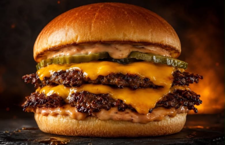 Spark Cheddar Duplo: dois discos de carne com cheddar derretido, picles e molho especial no pão brioche