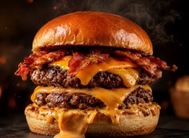 Spark Duplo Bacon: dois discos de carne, cheddar, bacon e cheddar cremoso no pão brioche