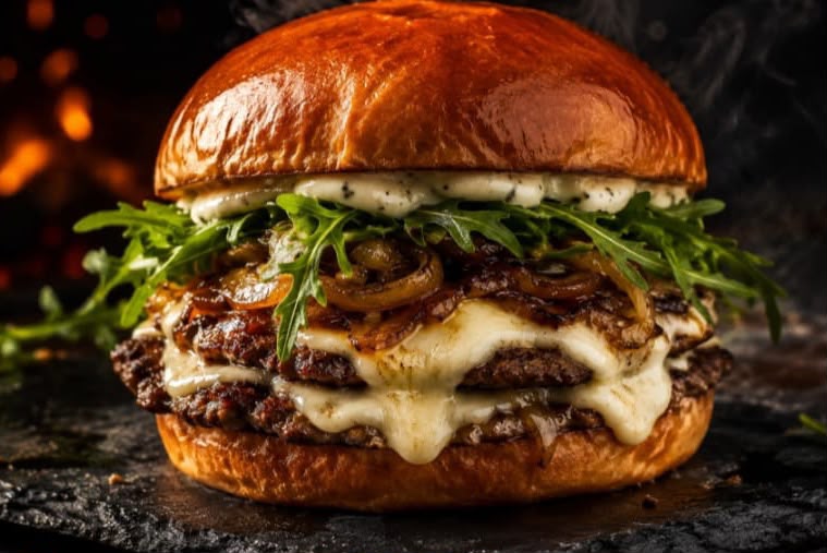Spark Smash: dois discos de carne com mussarela derretida, cebola caramelizada e rúcula no pão brioche